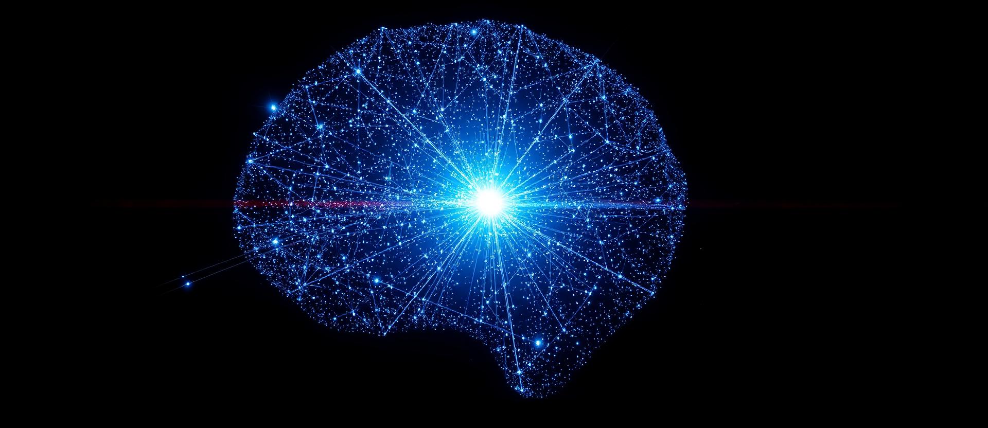 A constellation of a mind with one dark region filling with thousands of small lights