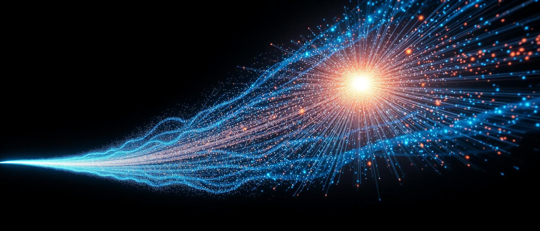 A particle stream branching into many luminous futures